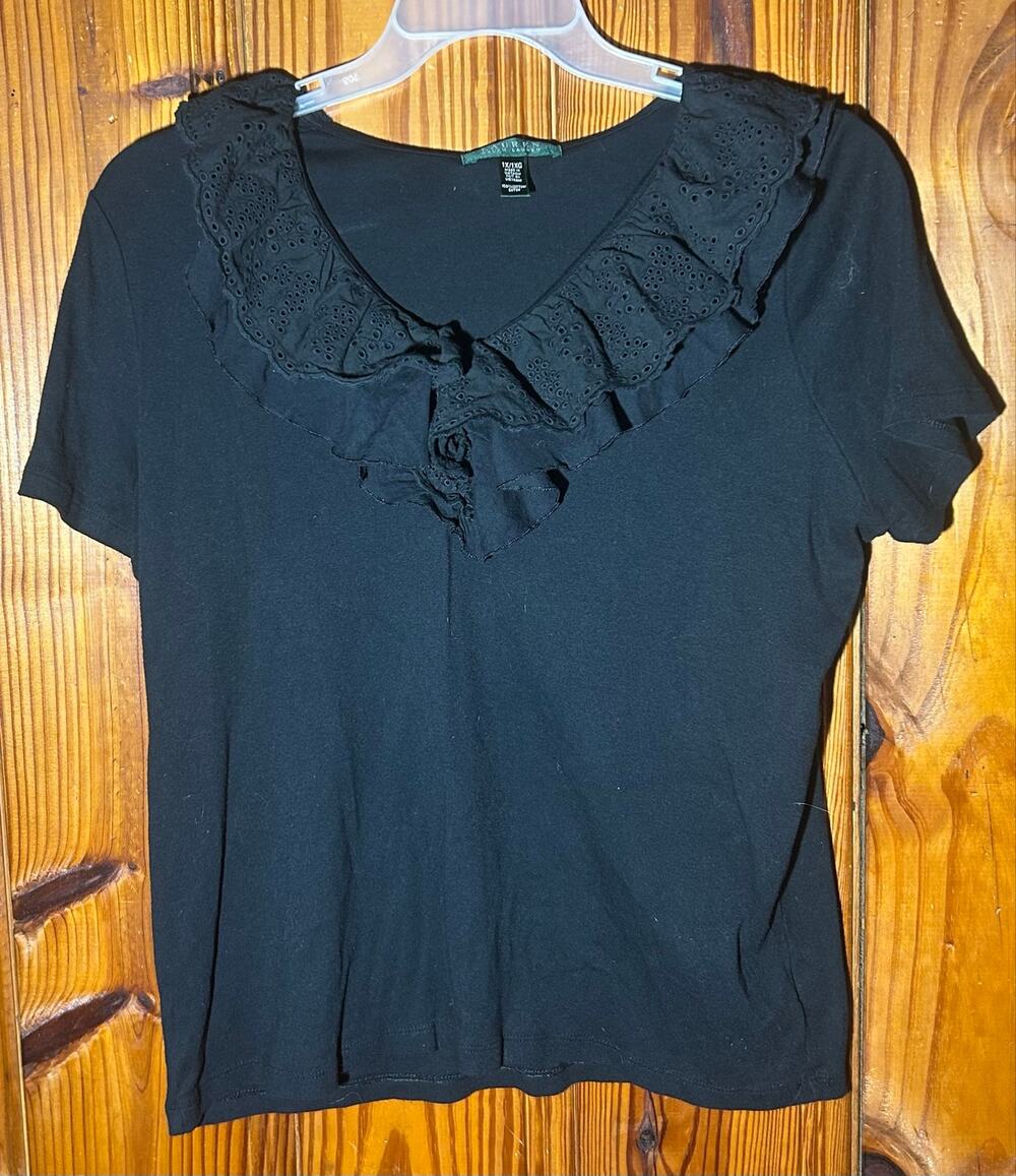 EUC Womens LAUREN RALPH LAUREN Ruffle Short Sleeve Cotton Knit Top BLACK Sz XL